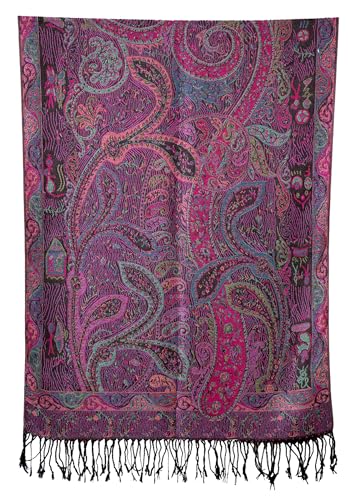 Achillea Reversible Paisley Pashmina Rave Scarf – Exotic Indian Shawls and Wraps for Evening Dresses, Festivals, All Seasons - color: Tapestry Fuchsia