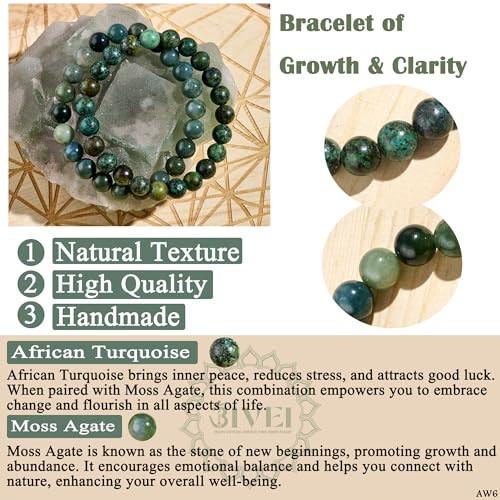 Bivei Natural Gemstone Semi Precious Healing Crystals Handmade Stretchy Round Beads Bracelet,Stocking Stuffers for Women Enhance Positive Energy - color: 8mm Moss Agate & African Turquoise (Peace & Prosperity), size: Large: 8-8.26 inch