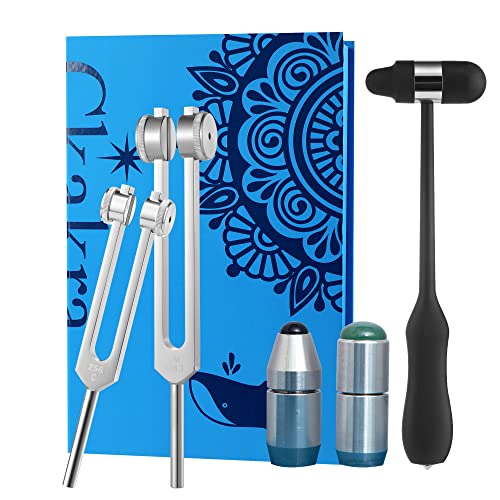 Ckakra Pack of 2 Weighted Tuning Forks with Natural Gemstone Feet for Body Healing,Activator Hammer for Tuning Fork,OM 136.1& 256C Frequency,Virbration Therapy Tools, Meditation&Reiki Instruments - color: 1