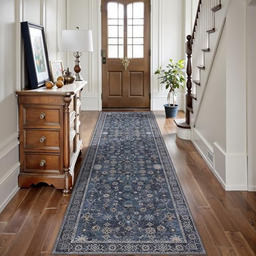 Tangsoo 2.6x8 Runner Rug for Hallway Kitchen, Non Slip Washable Long Rug Runner Boho Vintage Floral Carpet, Distressed Blue Black Soft Low Pile Indoor Runners for Entryway, Laundry, Kids&pets Friendly - color: Distressed Blue Black, size: 2'6" X 8' (Runne