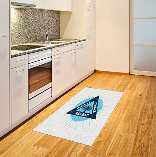 Ambesonne Inhale Exhale Area Rug, Spa Yoga Meditation in Triangle with Tree of Life Tranquil Graphic, Flat Woven Accent Rug for Living Room Bedroom Dining Room, 2' 6" x 5', Night Blue and White