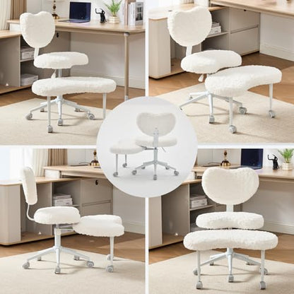 Meditation Chair with Wheels, Ergonomic Criss Cross Chair, Adjustable ADHD Floor Sitting Chair, Swivel Cross Legged Office Chair with High Back, Kneeling Posture Chair, Plush Faux Fur Fabric（Beige） - color: （plush Faux Fur Fabric）beige