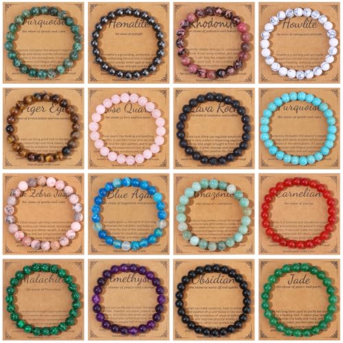 16 PCS Healing Crystal Bracelet for Women Men 8mm Natural Stone Beaded Bracelets Round Gemstones Stretch Bead Bracelet Birthday Gifts