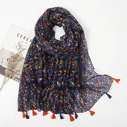 YOUR SMILE Large Boho Scarf for Women Lightweight Floral Printed Scarves Fall Winter Fashion Fringed Shawl wraps - color: 06 Navy Shivering