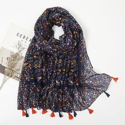 YOUR SMILE Large Boho Scarf for Women Lightweight Floral Printed Scarves Fall Winter Fashion Fringed Shawl wraps - color: 06 Navy Shivering