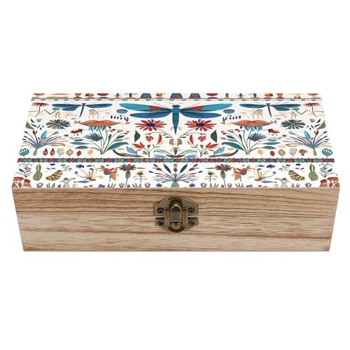 Dragonfly Floral Wooden Storage Box (7.9" X 3.9" X 2.3"),Vintage Wooden Jewelry Box with Hinged Lid Natural Wood Keepsake Storage Boxes, Decorative Rustic Organizer for Home Decor Crafts Rings Gifts - color: Dragonfly Floral
