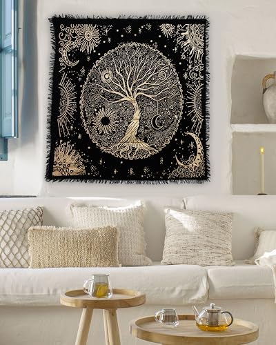 Indian Consigners Tree of Life Altar Cloth Tapestry Tablecloth Celtic Trees Ritual Spiritual Cloth for Sacred Places, Cotton Square Tarot Table Cover 24 by 24 Sacred - color: Golden Celestical Dry Tree, size: 24" x 24" (Square)