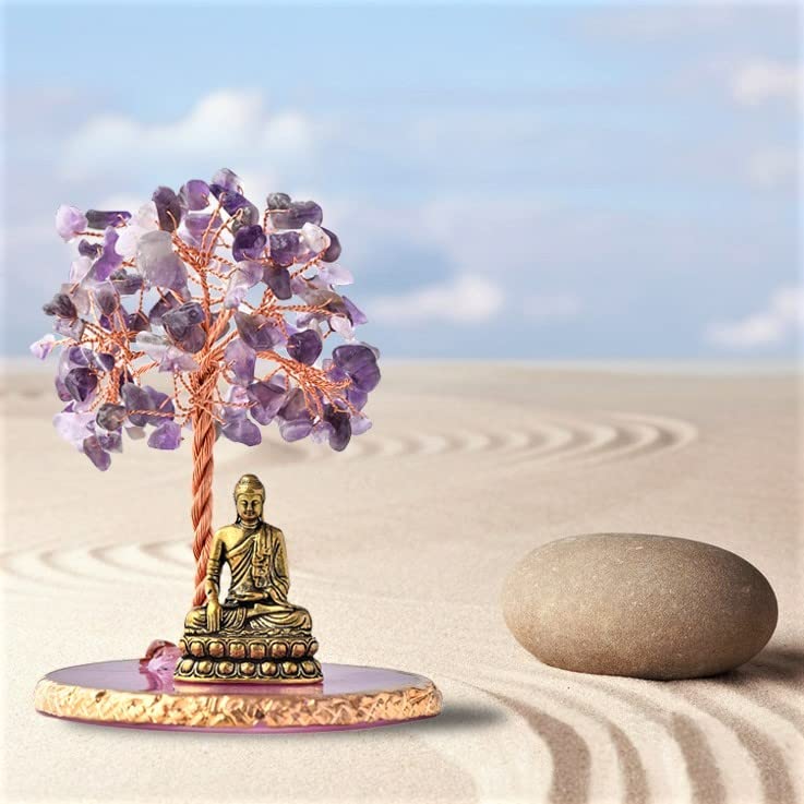 Buddha Statue with Healing Crystal Tree, Tree of Life for Positive Energy. Home Decor Yoga Meditation. Amethyst.(A) - style: A