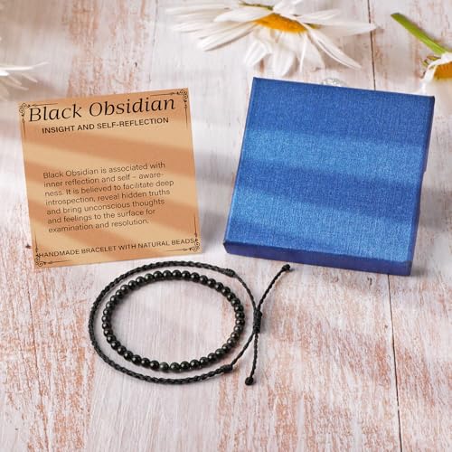 QOGIR 2pcs Handmade Healing Bracelet, Natural Gem Stone Crystal Elastic Bracelet - color: Black Obsidian(Self - Reflection), size: 4mm