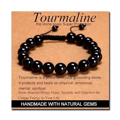 MASSIVE BEADS Handmade Yoga Natural Stone Crystal Healing Power Energy Gifts for Unisex Adult Bracelet Macrame Adjustable - color: Black Tourmaline(Super Protection), size: 10mm
