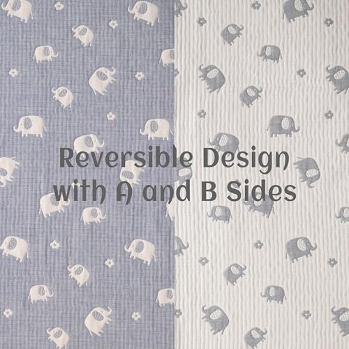 NTBAY 3 Layer Oversized Muslin Cotton Toddler Blanket, Jacquard Reversible Nursery Bed Blanket, Super Soft and Thermal for All Seasons, Baby Gift, 45"x60", Blue Elephant - color: Blue Elephant, size: 45x60 Inch (Pack of 1)