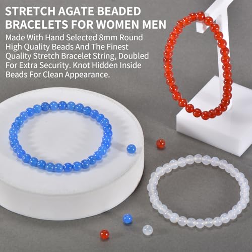 3PCS Agate Bracelet for Women Men Natural Round Beaded Agates Stone Healing Stretch Bracelets Elastic Handmade Polished Gemstone Beads Bracelet - color: Red+Blue+White