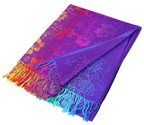 PASKMLNA Double Side Multi Colors Silky Tropical Colorful Exotic Pashmina Wrap Shawl Scarf Rave - color: 051-purple Multi Feathers