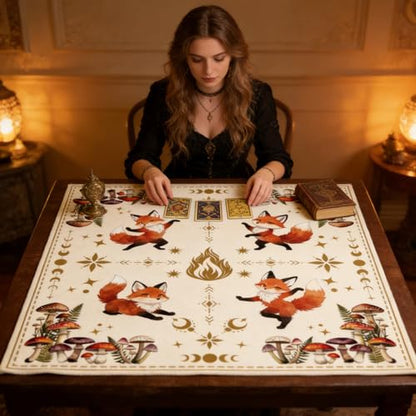 Tarot Altar Cloth Fox with Dancing Print Card Table Tablecloth Flower Thicket & Mushroom Tablecloth with Tarot Bag for Reading Rituals Crystals Spiritual Divination Witchcraft Supplies - color: Fox With Dancing