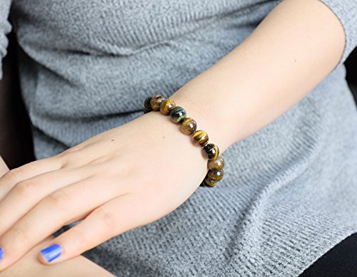 Falari 10mm Natural Semi Precious Gemstone Stretch Bracelet Unisex - color: Tiger-Eye