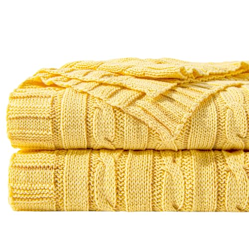 NTBAY 100% Pure Cotton Cable Knit Throw Blanket, Super Soft Warm 51x67 Knitted Throw Blanket for Couch, Sofa, Chair, Bed - Extra Cozy, Machine Washable, Comfortable Home Decor, Yellow - color: Yellow, size: Throw(51"x67")