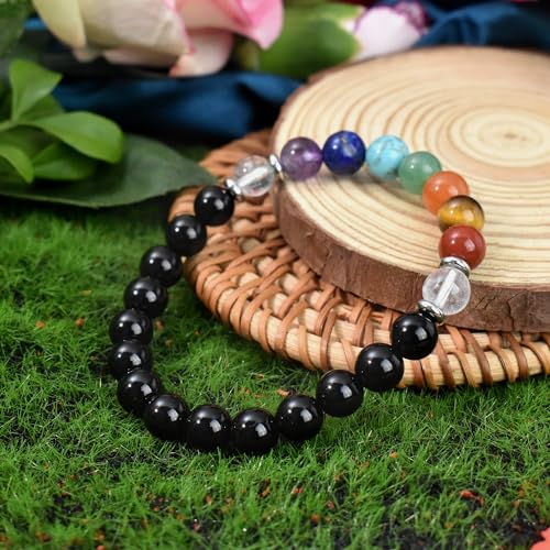 Strong Healing Crystal Bracelet 8MM Genuine Stone Bracelet Lucky Beaded Bracelet Chakra Bracelet 6.5 inch Positive Energy Inspirational Gifts for Women Mom - style: 7 Chakra-Black Agate