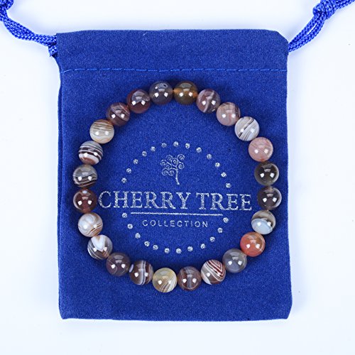 Cherry Tree Collection Gemstone Beaded Stretch Bracelet 8mm Round Beads 7" - color: Botswana Agate