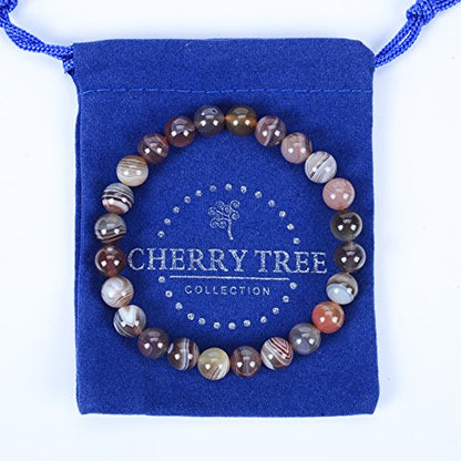 Cherry Tree Collection Gemstone Beaded Stretch Bracelet 8mm Round Beads 7" - color: Botswana Agate