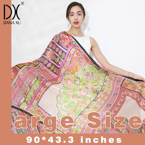 100% Mulberry Extra Large Silk Pashmina Scarf Shawls And Wraps For Women Evening Dress Summer Travel Floral Blanket - color: Orange Mosaic Dream