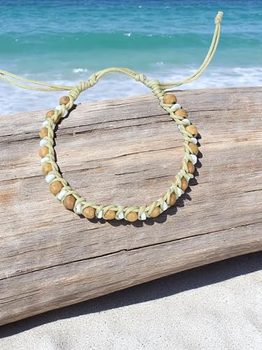 BlueRica Handmade Macrame Bracelet, Wood and Puka Shell Beads, Adjustable, Black Cord, Unisex - style: Natural & Small Beads