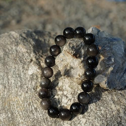Natural Handmade Healing Chakra Bracelet - color: 12mm-Silver Obsidian-FOR 8-8.7 INCH WRIST