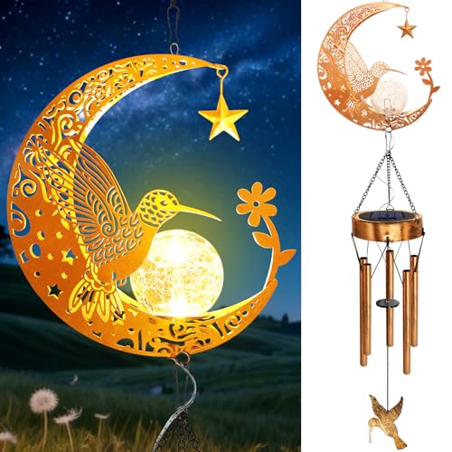 Solar Moon Hummingbird Wind Chimes, Hummingbird Gifts for Mom Women Men Birthday Mothers Day, Hanging Outdoor Decor Cracked Glass Ball Memorial Wind Chimes, Garden Patio Porch Decor - color: Moon Hummingbird, size: 1