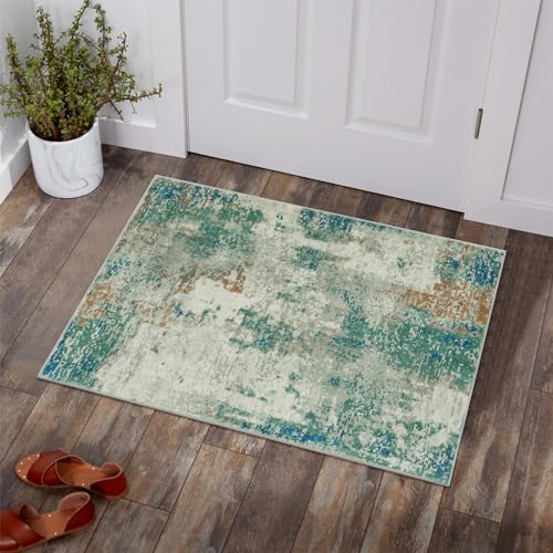 Lahome Modern Abstract Area Rug - 2x3 Small Entryway Rug Washable Rugs for Kitchen Non-Slip Soft Front Indoor Doormat Low Pile, Accent Throw Carpet for Bathroom Laundry Floor Mats,Green/Grey - color: Green/Grey, size: 2' x 3'