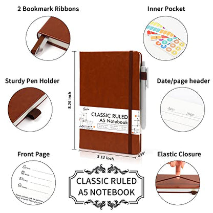 feela 24 Pack Journal Notebook for Work, Business Notebook Bulk Hardcover Lined Writing Journal with Pen Holder for Men Women Note Taking, with 24 Black Pens, 120 GSM, 5.1”x8.3”, A5, Brown - color: 24 Pack brown