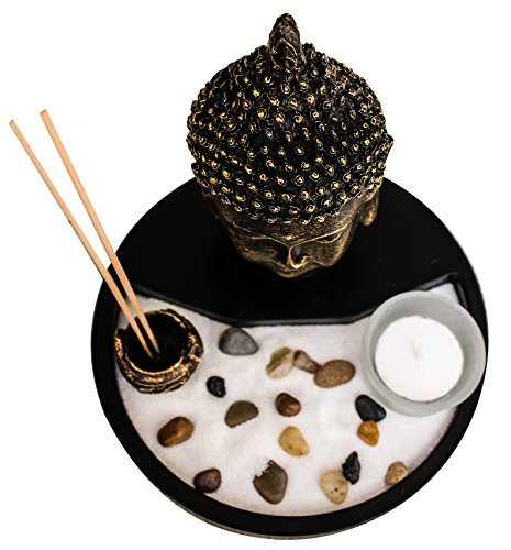 Zen Garden Deluxe Desk Meditation Garden Includes Large Buddha Head Statue, Incense and Incense Holder, Sand, Rocks, Tea Light Holder (Candles Not Included)
