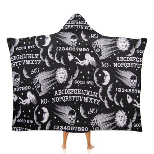Skull Moon Sun Gothic Witch Board Seamless Black Large Size Comfortable Hooded Blanket, Warm Blanket 40"x50" - color: Skull Moon Sun Gothic Witch Board Seamless Bl, size: 40"x50"