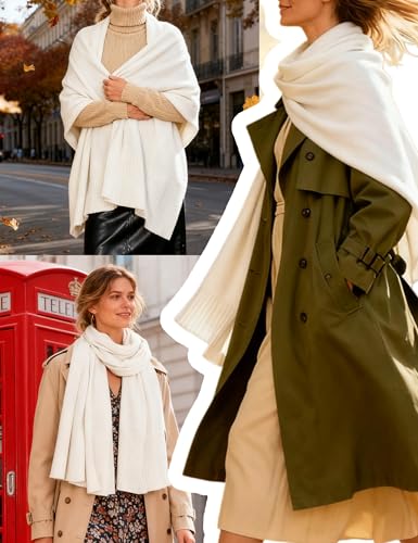 EsheSy Women's Shawl Wrap Open Front Poncho Sweater Ribbed Hem Loose Shrug Cardigan Scarf Travel Cover ups - color: White