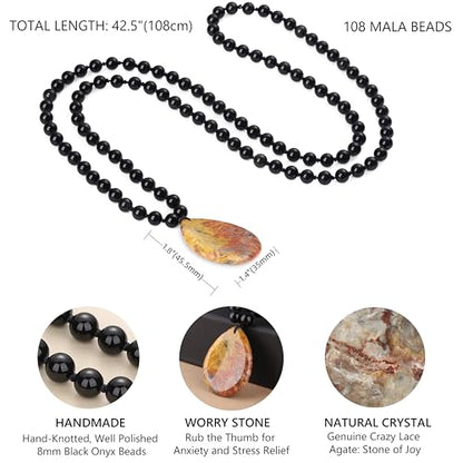 COAI Thumb Worry Stones Necklace for Men Women, Handmade 108 Mala Beaded Necklace for Women Men 8MM - style: Onyx & Crazy Lace Agate