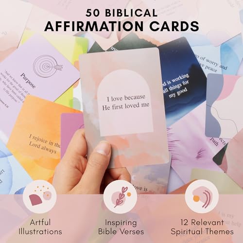 Scripture Cards with Bible Verses - 50 Daily Biblical Affirmation & Spiritual Prayer Cards - Religious & Christian Faith-Based Gifts for Women - Comes with Metal Box & Wooden Stand - color: Biblical Affirmations For Women