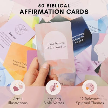 Scripture Cards with Bible Verses - 50 Daily Biblical Affirmation & Spiritual Prayer Cards - Religious & Christian Faith-Based Gifts for Women - Comes with Metal Box & Wooden Stand - color: Biblical Affirmations For Women
