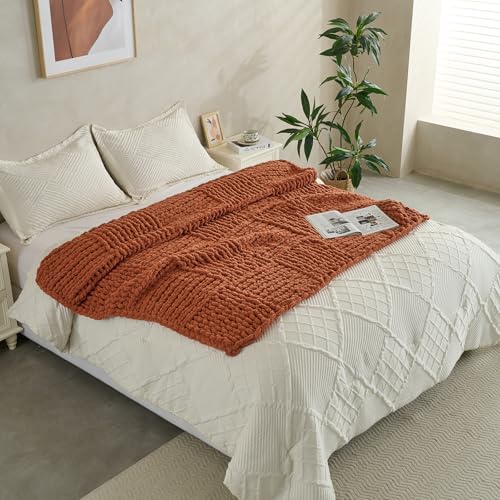 Soft Knitted Throw Blanket - 50x60 Inch Cozy & Lightweight All-Season Blanket, Wrinkle-Resistant Polyester for Couch, Bed, Sofa, Reading Nook (Orange) - color: Orange