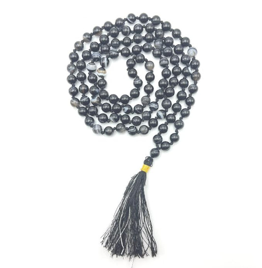 GEMSCITE Japa Mala 108 Prayer Beads Perfect for Meditation Spiritual Mala Necklace & Wrist Mala Bracelet - color: Black Banded Agate, size: Hand Knotted