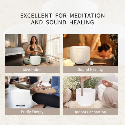 Hye-eun Crystal Singing Bowl Set 432Hz 7-Piece White Frosted Quartz Sound Bowls for Meditation, Chakra Healing & Yoga, includes Mallets & Beige Carrying Bags (6-12 inch, 7 Tones A B C D E F G) - color: 6-12inch 432hz White 7pcs