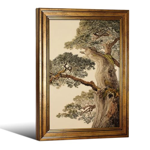 Ancient Pine Tree Wall Art 08x12 Inch Gold Framed Japanese Nature Botanical Poster Asian Calm Forest Canvas Painting Vintage Oriental Zen Wall Decor - color: Beige, size: 12"L x 8"W, style: Gold Framed