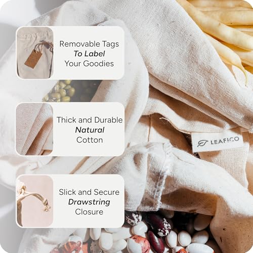 LEAFICO Cotton Storage Bags – X-Large 14x17 Inch (6-Pack) – Reusable Muslin Bags with Drawstrings – Biodegradable Canvas Fabric Sacks – Perfect for Bread, Bulk Produce, Potatoes, Onions, Shoes - size: X-Large 14x17"(6pack)