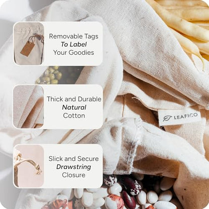 LEAFICO Muslin Cloth Bags with Drawstrings - Set of 8 (S, M, L, XL) - Reusable Natural Cotton Bags for Bulk Food Storage - Canvas Fabric Sachets - size: Set of 8 Mixed (S,M,L,XL)