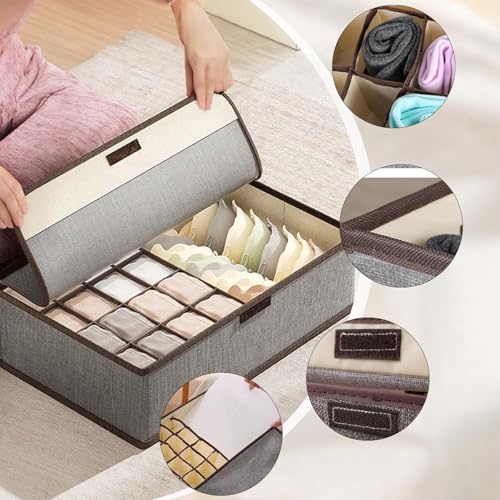 Linen Storage Box with Lid – 13-Compartment Multi-Section Organizer for Clothes, Socks, and Home Use (Grey)