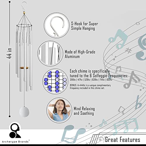 Wind Chimes for Outside and Inside – 44 inch – 528hz Solfeggio Healing Tones - Silver