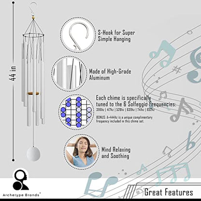 Wind Chimes for Outside and Inside – 44 inch – 528hz Solfeggio Healing Tones - Silver
