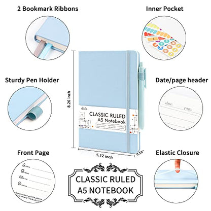 feela 12 Pack Notebooks Journals Bulk, Hardcover Notebook Classic Ruled Lined Journals with Pen Holder for Women Girls School Business Supplies, with 12 Black Pens, 120 GSM, 5.1”x8.3”, A5, Light Blue - color: 12 Pack light blue