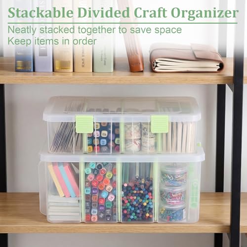BTSKY Clear Plastic Dividing Storage Box with 4 Compartments Adjustable Storage Bin with Lid Plastic Craft Storage Container Multipurpose Sewing Box Art Supply Organizer, 13.3x8.1x3.4 Inches, Green - size: 13.3x8.1x3.4 Inches-Green