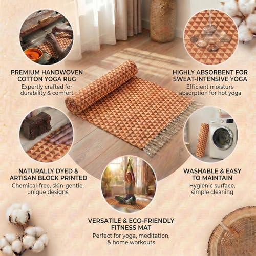VINYASA Handwoven Cotton Yoga Rug Mat – Naturally Dyed | Absorbent, Washable Yoga Mat/Fitness Rug, Hatha, Pilates & Meditation - Non-Slip Grip | Extra Long & Wide | Trikon Series - color: Marigold