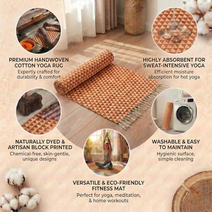 VINYASA Handwoven Cotton Yoga Rug Mat – Naturally Dyed | Absorbent, Washable Yoga Mat/Fitness Rug, Hatha, Pilates & Meditation - Non-Slip Grip | Extra Long & Wide | Trikon Series - color: Marigold