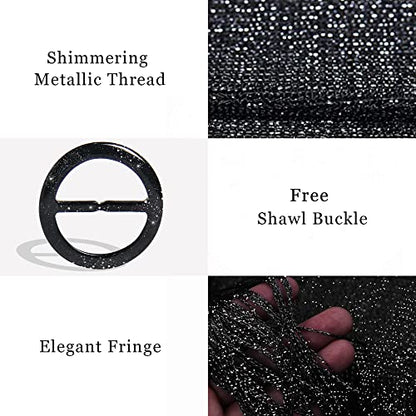 vimate Sparkling Metallic Shawls and Wraps for Evening Party/Wedding/Formal Dresses (With Free Buckle) - color: I#. Black & Silver (With Black Buckle)