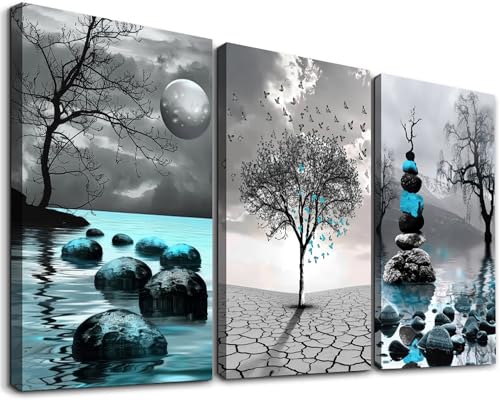 ANRUOXI Canvas Wall Art for Living Room, Zen Wall Decor for Bedroom Bathroom, Abstract Black Gray Cyan Blue Paintings, Modern 3 Piece Framed Canvas Art Prints, Inspirational Pictures Home Decoration - color: 3Zen Art01, size: 24"L x 16"W (3pcs)